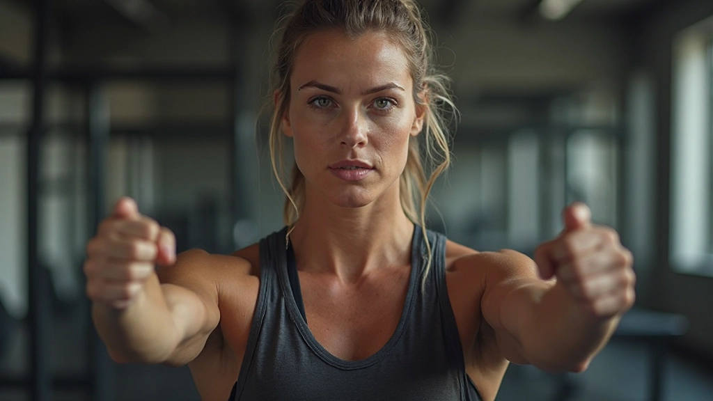 Sterke persoon in trainingskleding met vastberaden uitdrukking, anatomisch correct met twee armen en handen zichtbaar