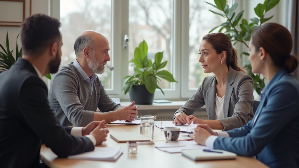 Groep van diverse volwassenen in teamvergadering bespreken persoonlijke groeistrategieën met notities en samenwerkingstonen