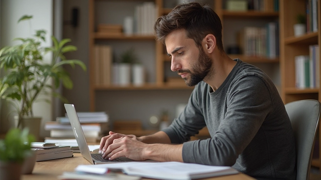 Persoon die studeert met boeken en laptop, concentratie uitstraling, twee handen zichtbaar, anatomisch correct
