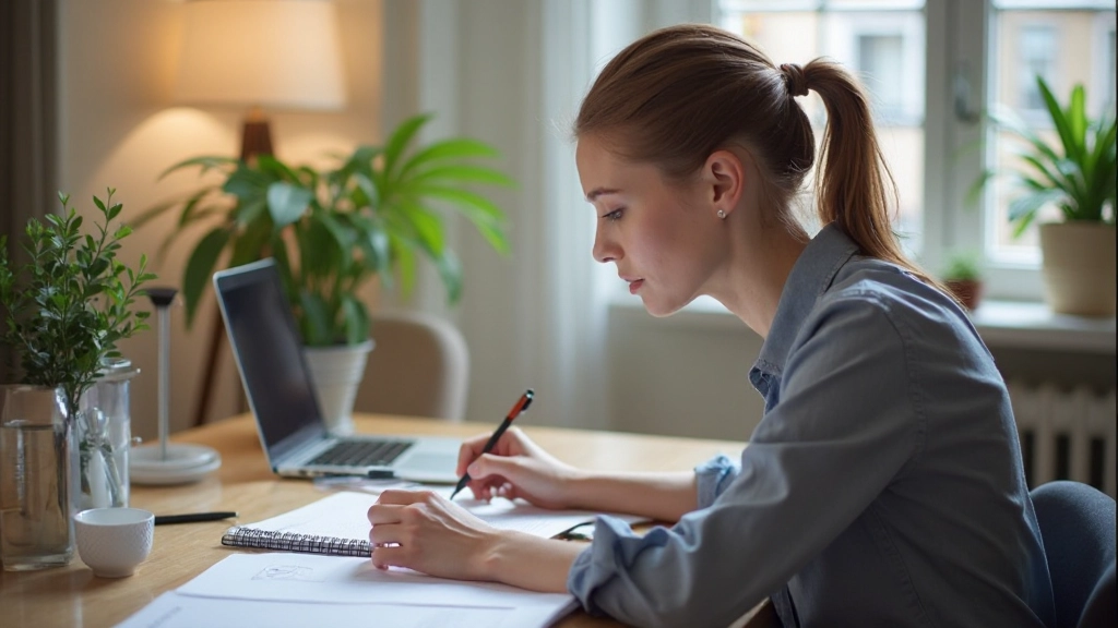 Professionele foto van iemand die een dagelijks ritme volgt met een gestructureerde werkruimte en planningstools