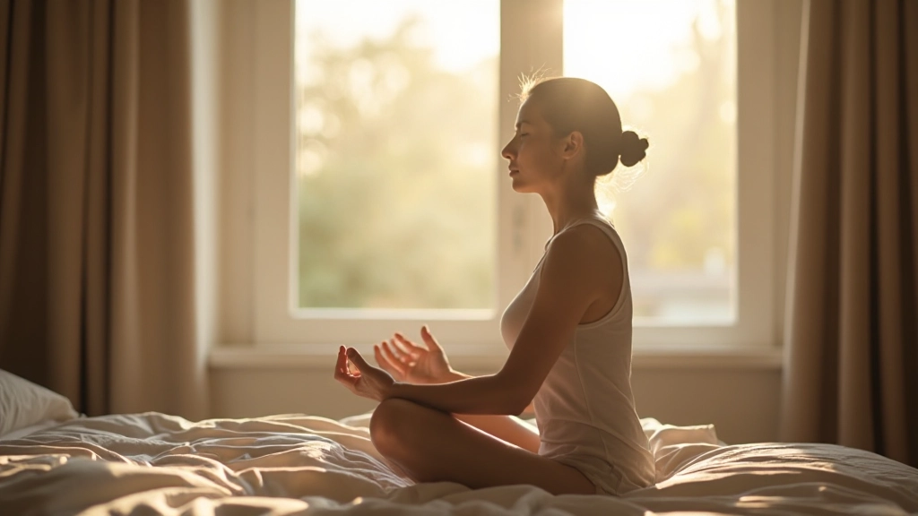 Serene ochtendscène met persoon die mediteert bij raam met natuurlijk licht, anatomisch correct met twee handen zichtbaar