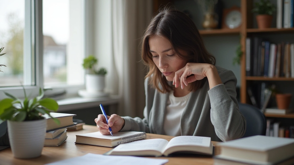Professionele foto van een persoon die aan een bureau werkt met boeken en notitieblok, natuurlijke daglicht, concentratie en studie sfeer